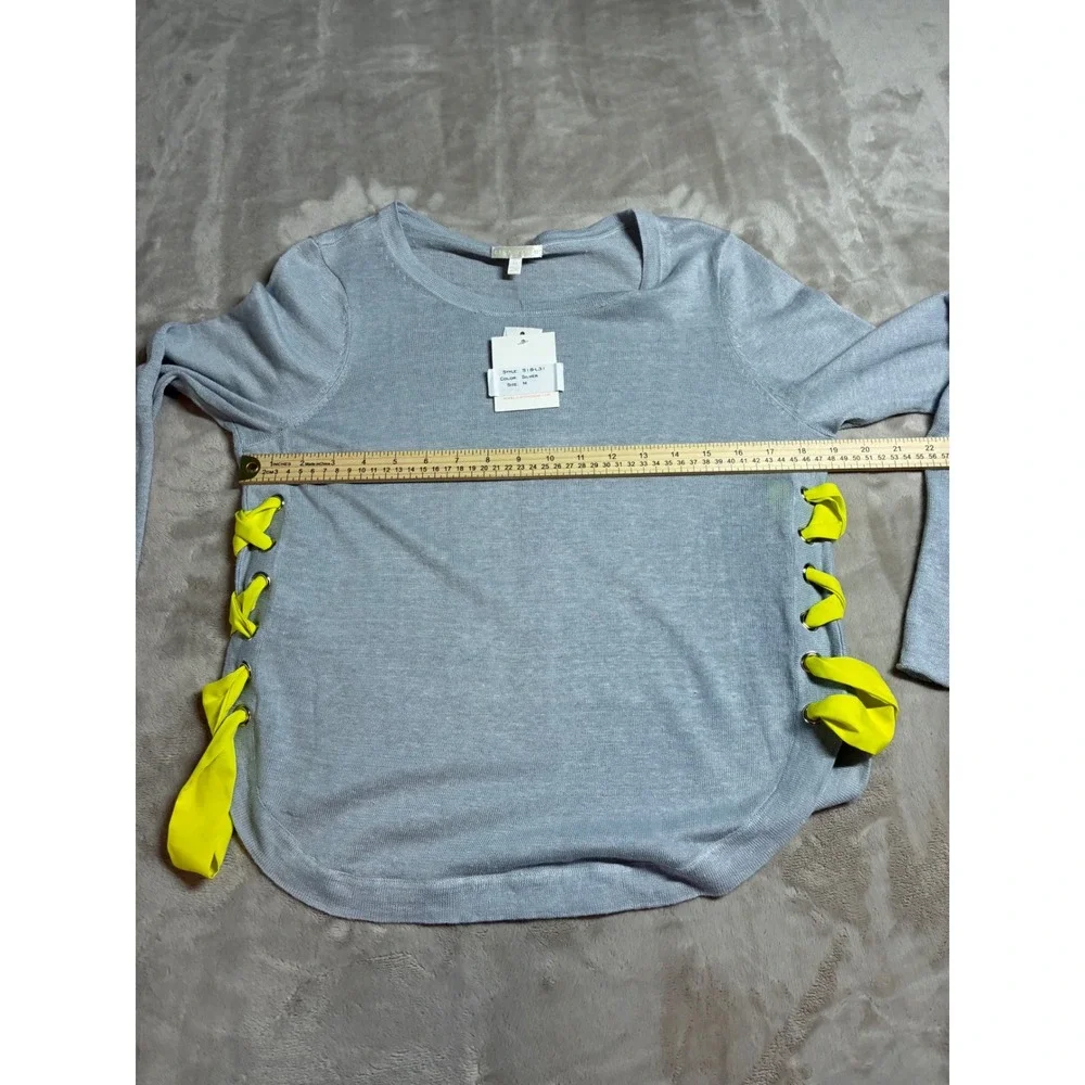 NWT Lisa Todd Explorer Knit Linen Sweater Grey Side Lace Up Yellow Ribbon M